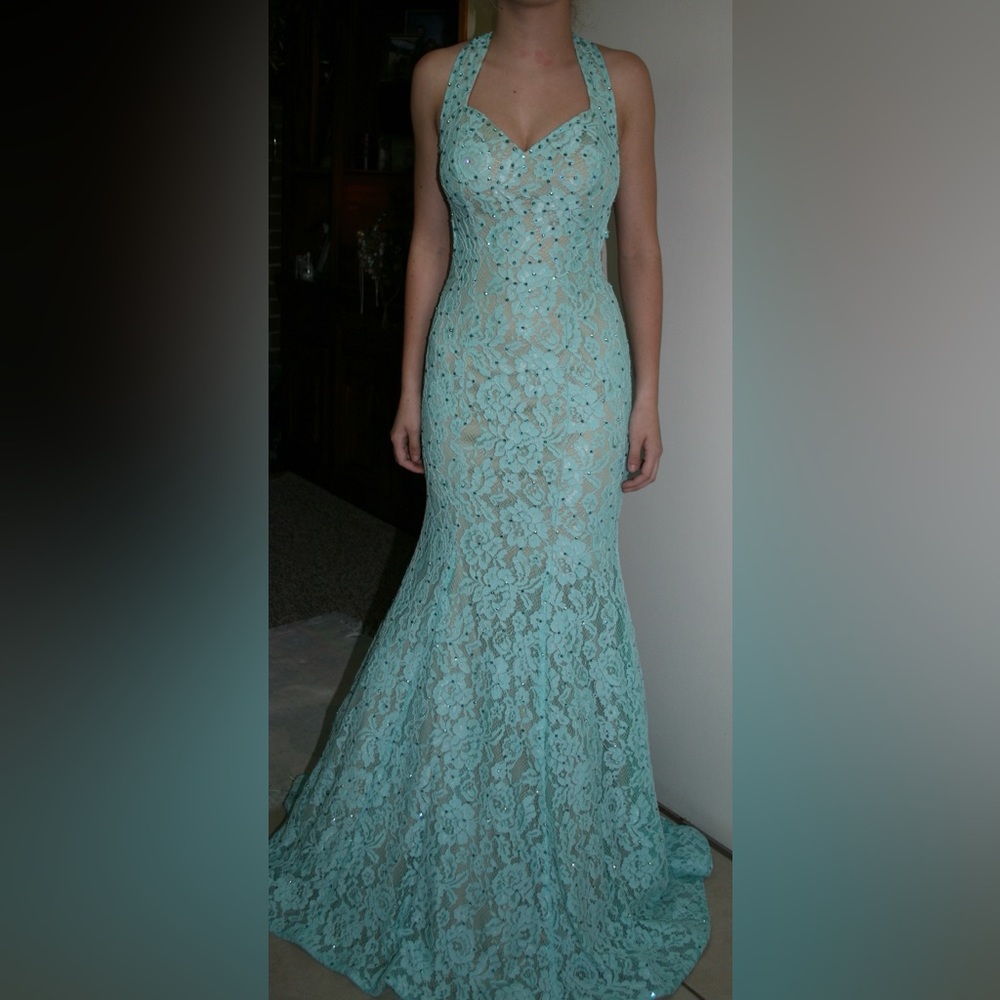 La Femme Mint Blue Lace and Crystal Mermaid Prom/Pageant Dress